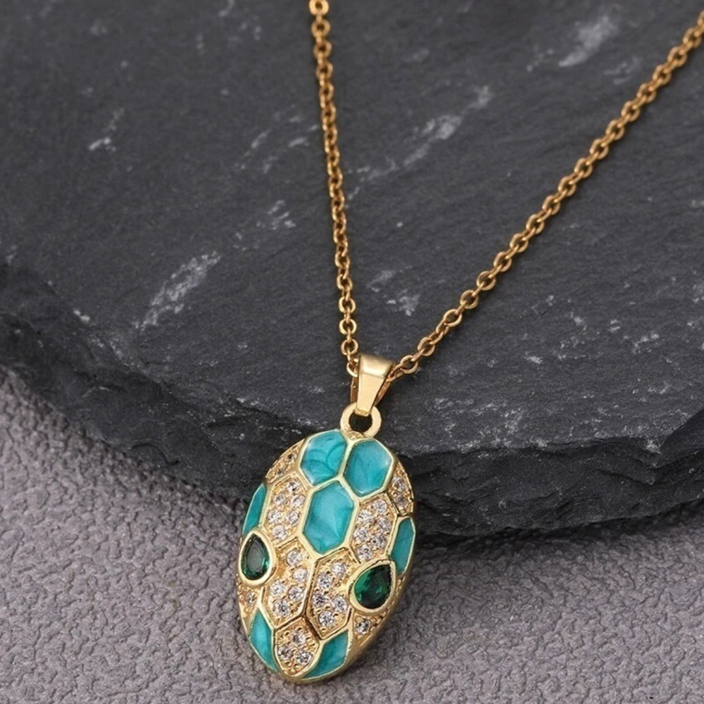 Blue Enamel 14K Gold Plated And Diamond Inlaid Snakehead Pendant Necklace